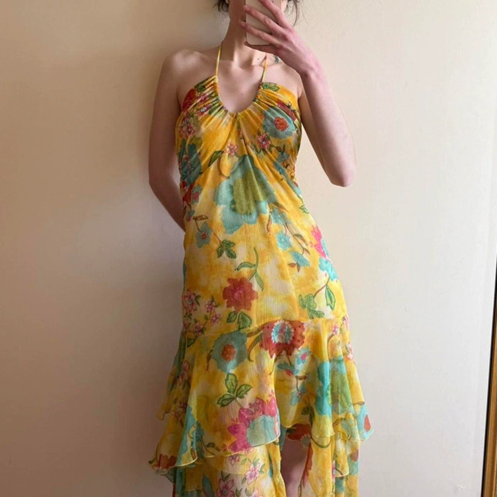 Zara Beach Oil Painting Floral Print Ruffle Halter Neck Asymmetric Long Dress